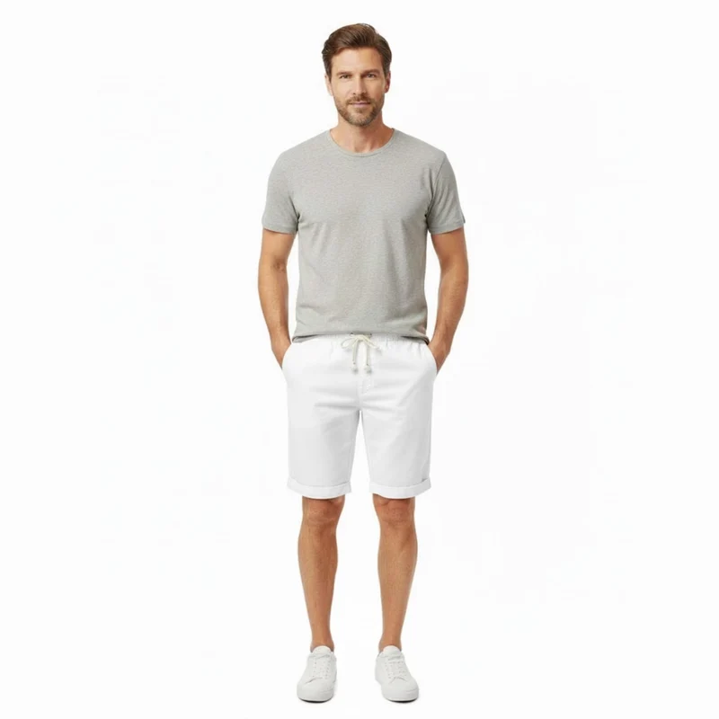 Short pour Hommes en 100 % Lin avec Taille Élastique à Cordon et Coupe Droite