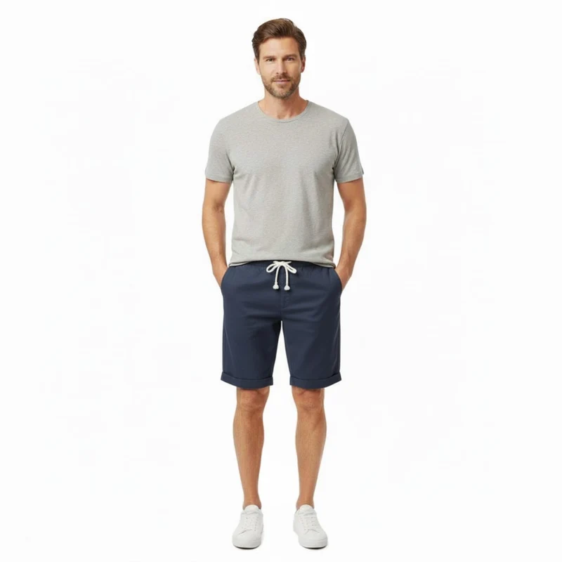 Short pour Hommes en 100 % Lin avec Taille Élastique à Cordon et Coupe Droite