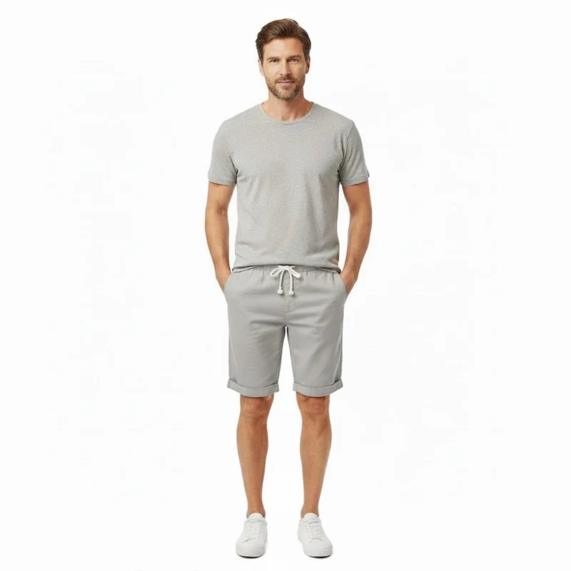 Short pour Hommes en 100 % Lin avec Taille Élastique à Cordon et Coupe Droite