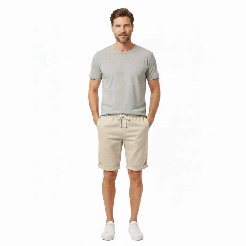 Short pour Hommes en 100 % Lin avec Taille Élastique à Cordon et Coupe Droite