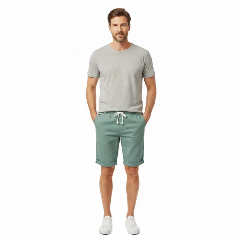 Short pour Hommes en 100 % Lin avec Taille Élastique à Cordon et Coupe Droite