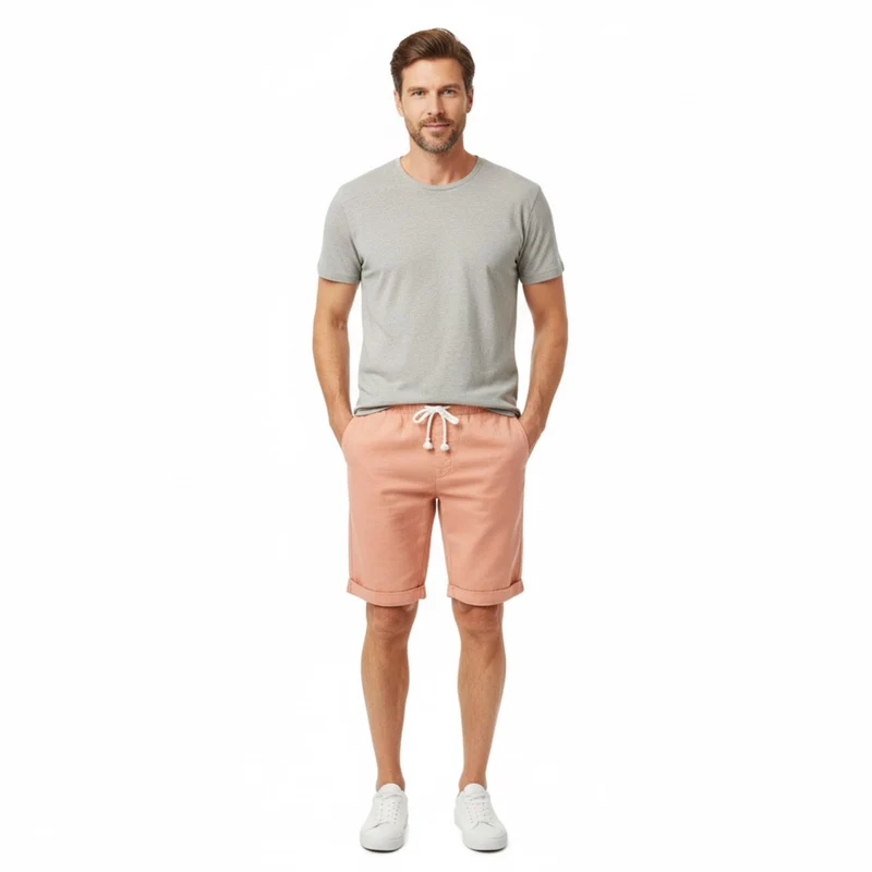 Short pour Hommes en 100 % Lin avec Taille Élastique à Cordon et Coupe Droite