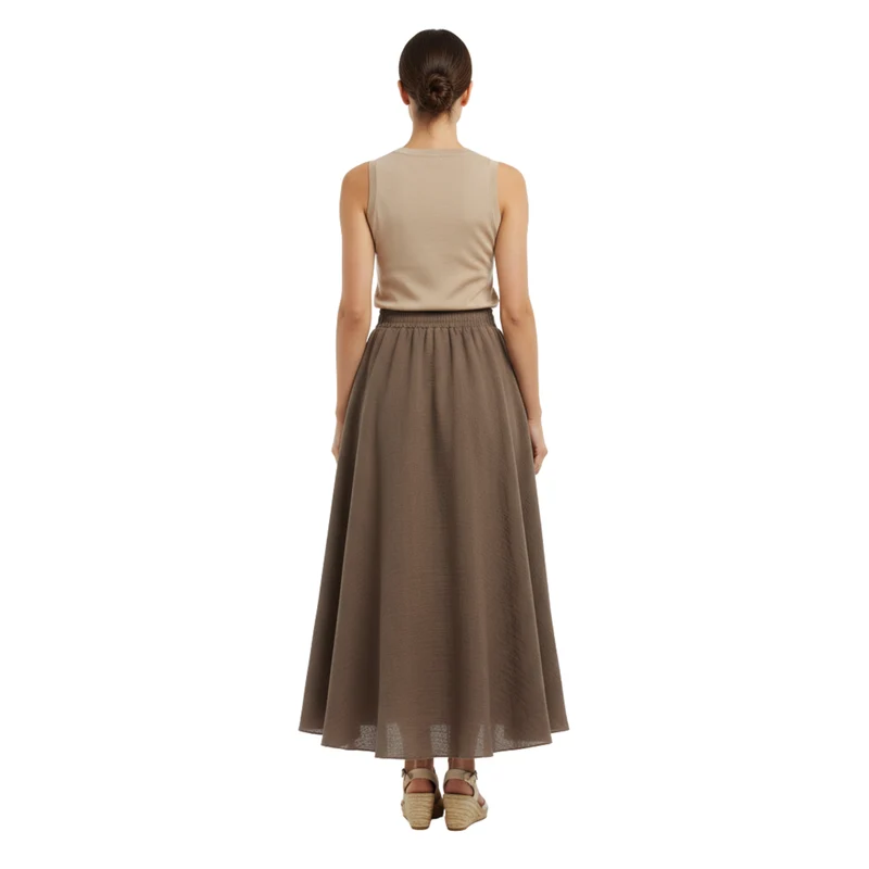 Jupe Maxi Femme en Coton et Lin, Taille Haute Élastique, Coupe Évasée, Longueur Cheville