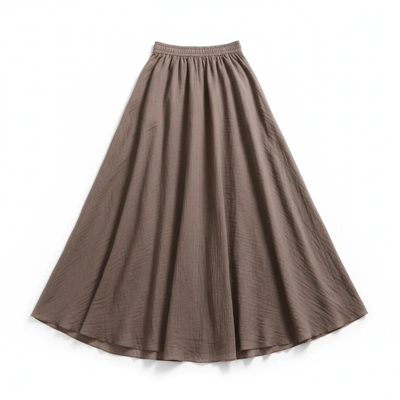 Jupe Maxi Femme en Coton et Lin, Taille Haute Élastique, Coupe Évasée, Longueur Cheville