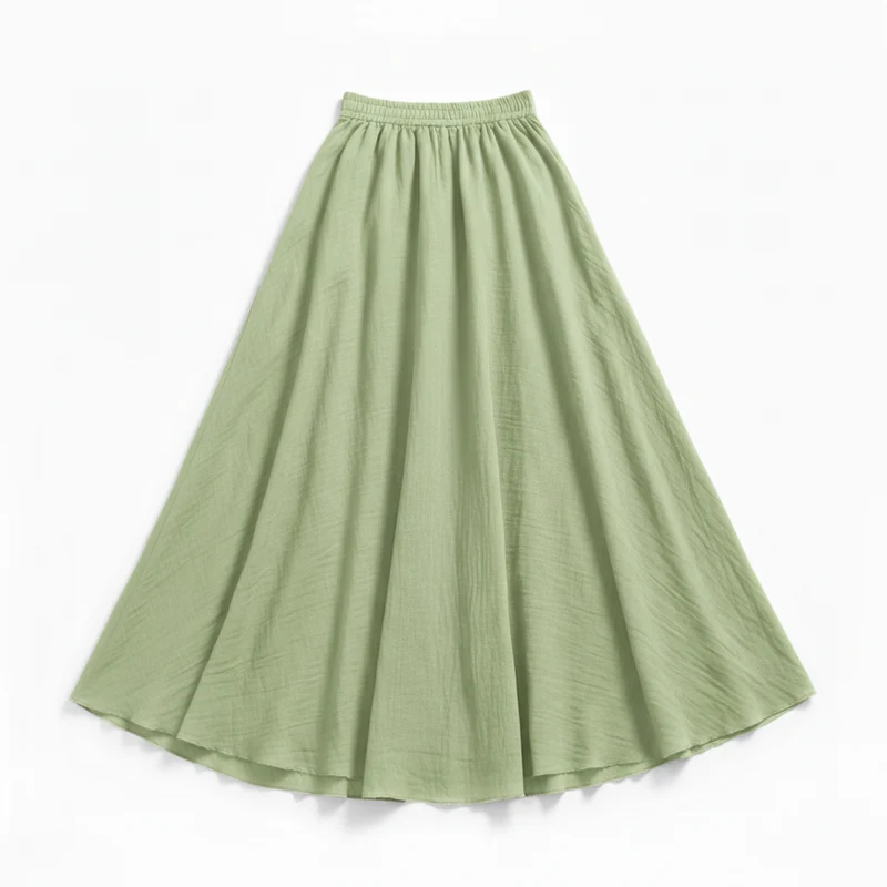 Jupe Maxi Femme en Coton et Lin, Taille Haute Élastique, Coupe Évasée, Longueur Cheville