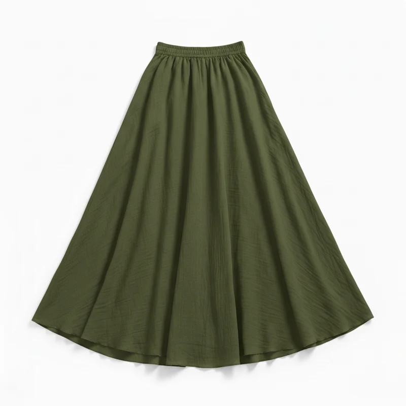 Jupe Maxi Femme en Coton et Lin, Taille Haute Élastique, Coupe Évasée, Longueur Cheville