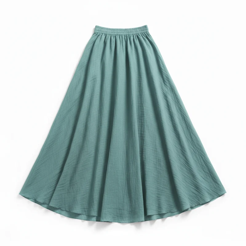 Jupe Maxi Femme en Coton et Lin, Taille Haute Élastique, Coupe Évasée, Longueur Cheville