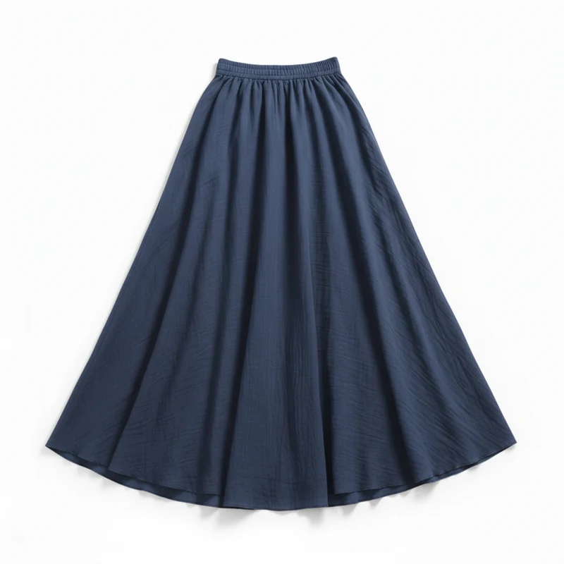 Jupe Maxi Femme en Coton et Lin, Taille Haute Élastique, Coupe Évasée, Longueur Cheville