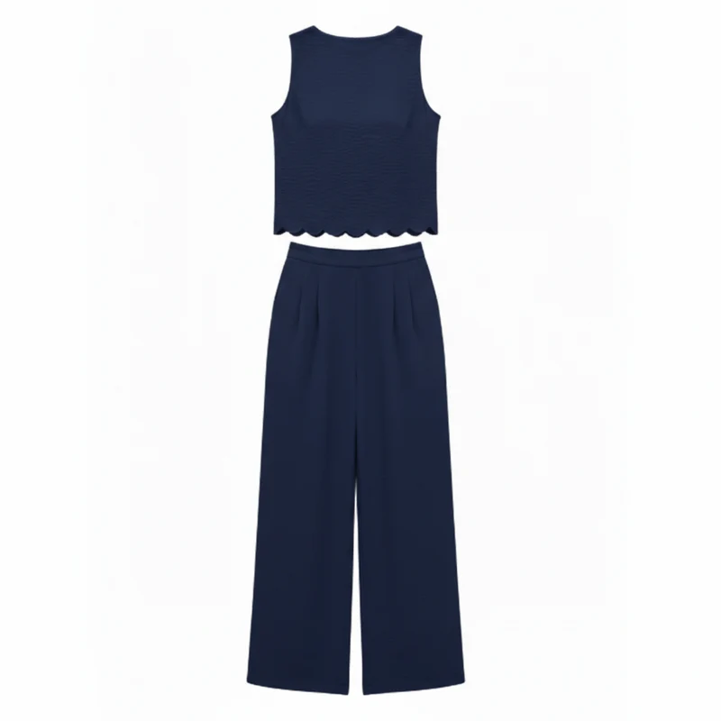 Ensemble deux pièces pour femmes : top sans manches à bordure coquillage et pantalon large longueur cheville