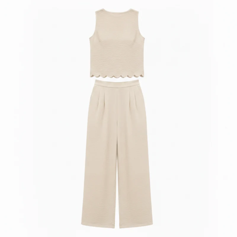Ensemble deux pièces pour femmes : top sans manches à bordure coquillage et pantalon large longueur cheville