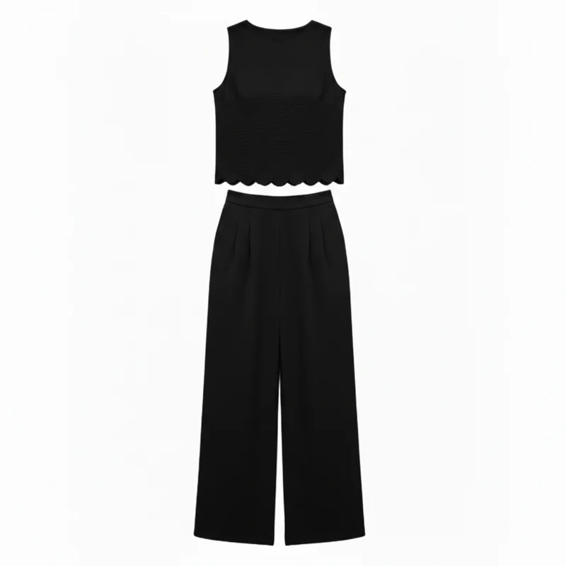 Ensemble deux pièces pour femmes : top sans manches à bordure coquillage et pantalon large longueur cheville