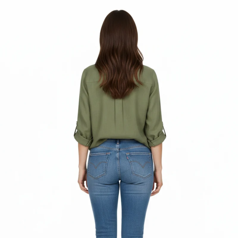 Chemise décontractée ample pour femmes à boutons avec manches trois-quarts et encolure fendue