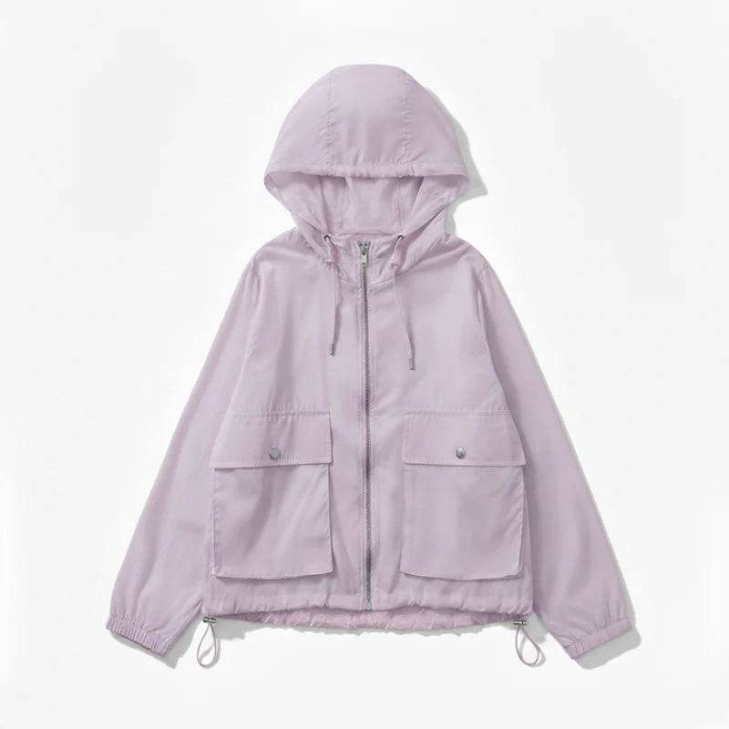Veste de Protection Solaire Légère à Capuche et Fermeture Éclair pour Femme