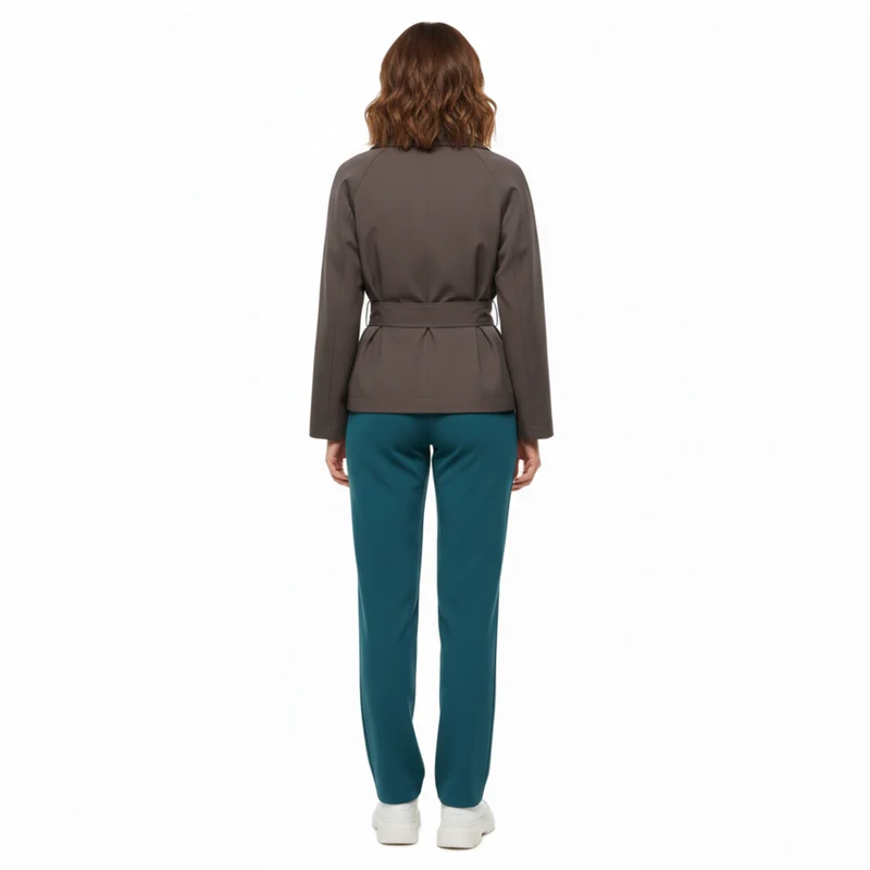 Veste Trench Courte en Polyester avec Ceinture et Col à Revers pour Femme
