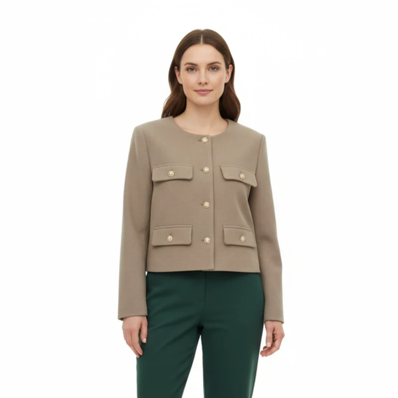 Veste en Polyester à Col Rond avec Boutons Dorés et Poches pour Femme