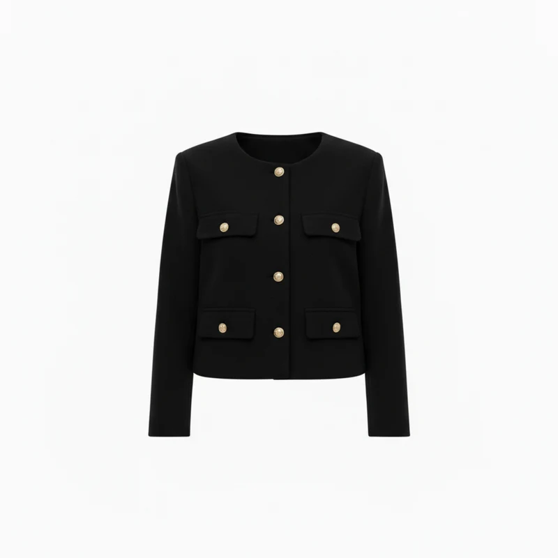 Veste en Polyester à Col Rond avec Boutons Dorés et Poches pour Femme