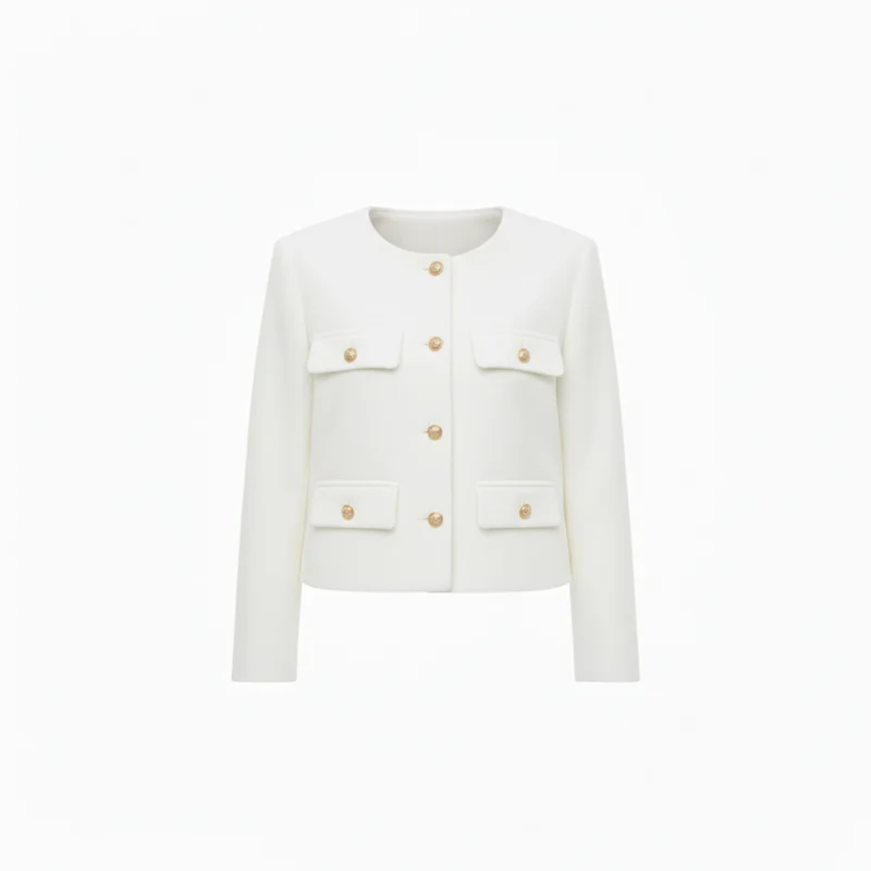 Veste en Polyester à Col Rond avec Boutons Dorés et Poches pour Femme