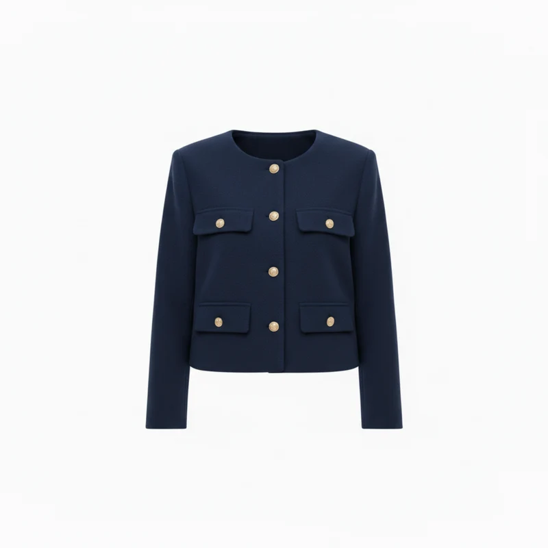 Veste en Polyester à Col Rond avec Boutons Dorés et Poches pour Femme