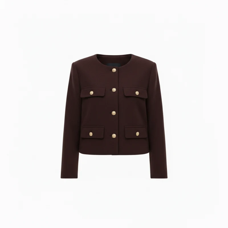 Veste en Polyester à Col Rond avec Boutons Dorés et Poches pour Femme