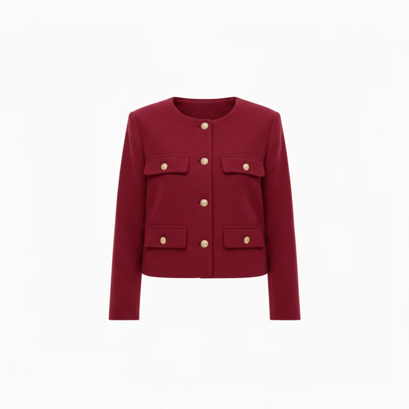 Veste en Polyester à Col Rond avec Boutons Dorés et Poches pour Femme