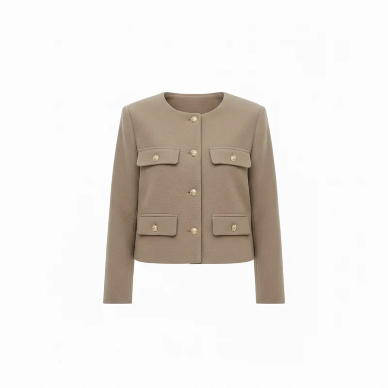 Veste en Polyester à Col Rond avec Boutons Dorés et Poches pour Femme