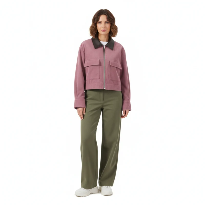 Veste Courte en Velours Côtelé à Col Contrasté et Fermeture Éclair pour Femme
