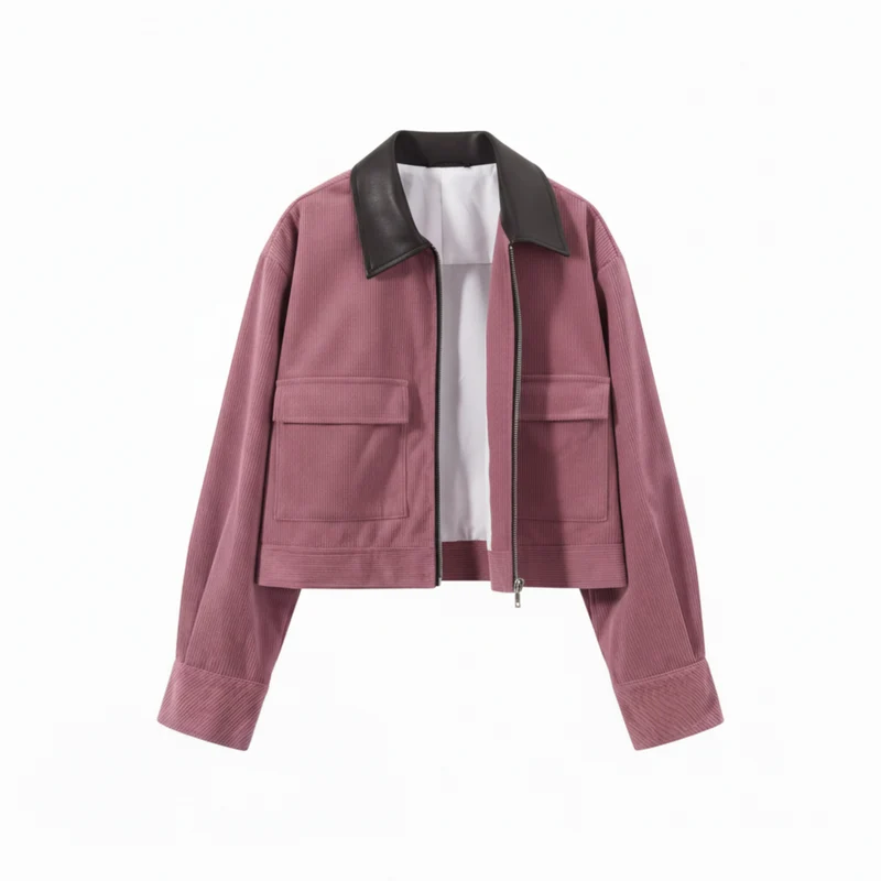 Veste Courte en Velours Côtelé à Col Contrasté et Fermeture Éclair pour Femme