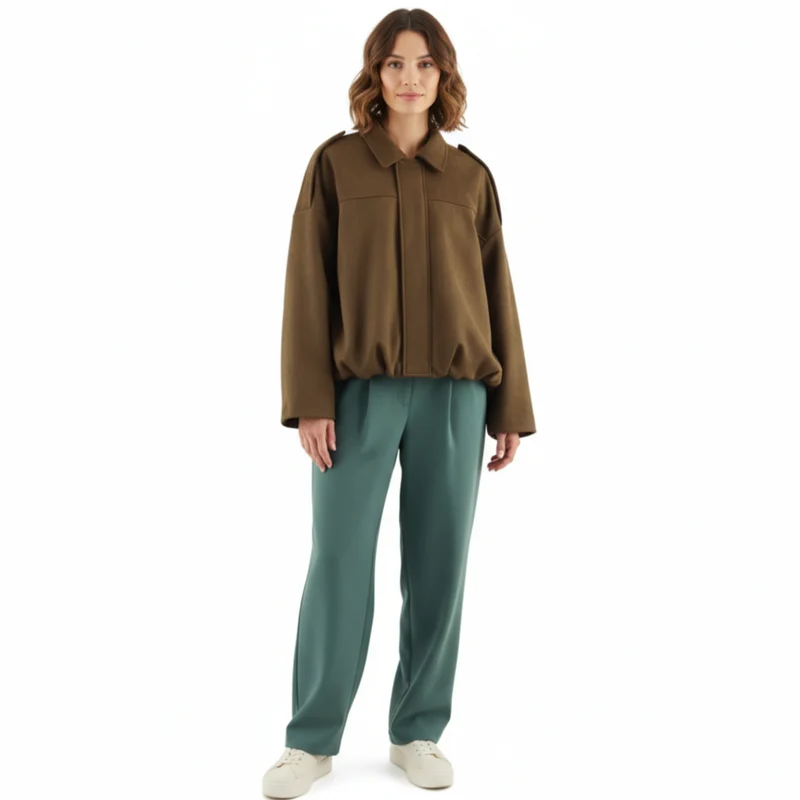 Blouson Bomber en Polyester avec Col à Revers et Fermeture Éclair pour Femme