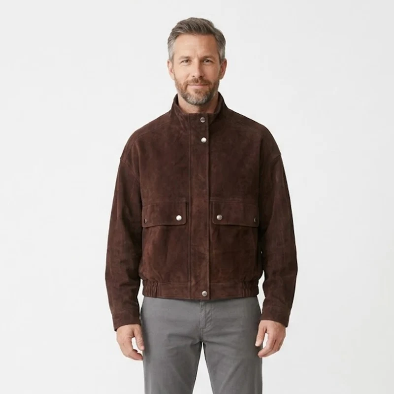 Veste Bomber en Polyester à Col Montant avec Fermeture Éclair et Grandes Poches