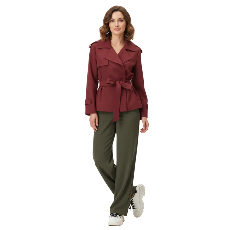 Trench-Coat Court en Polyester avec Ceinture et Col à Revers pour Femme
