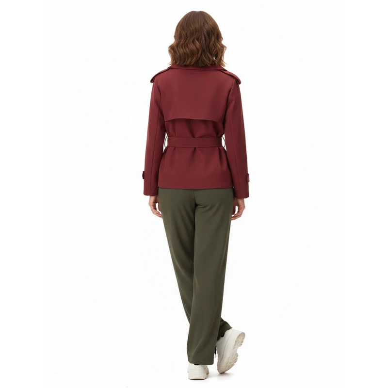 Trench-Coat Court en Polyester avec Ceinture et Col à Revers pour Femme
