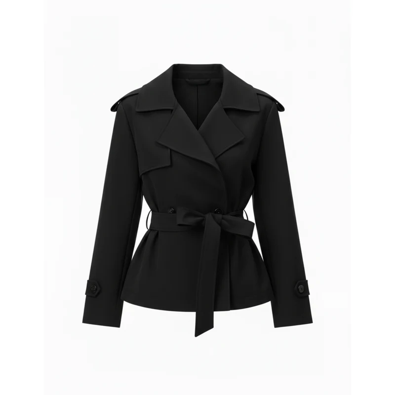 Trench-Coat Court en Polyester avec Ceinture et Col à Revers pour Femme