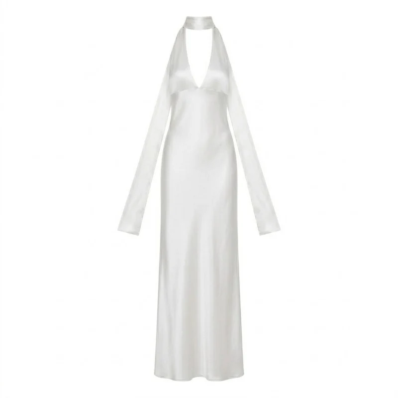 Robe Longue de Soirée en Polyester avec Décolleté Plongeant et Dos Nu pour Femme