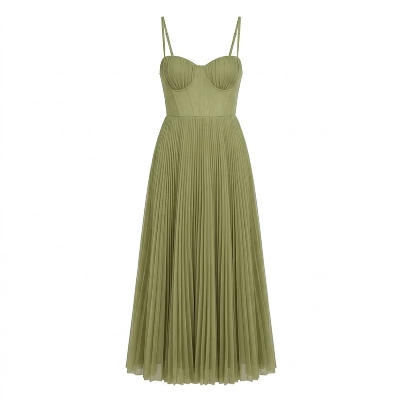 Robe Longue de Soirée Plissée avec Bustier à Bretelles et Fermeture Éclair Arrière
