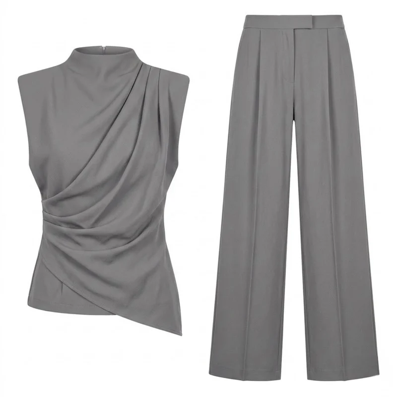 Ensemble Deux Pièces Femme avec Top Sans Manches Drapé et Pantalon Large Fluide
