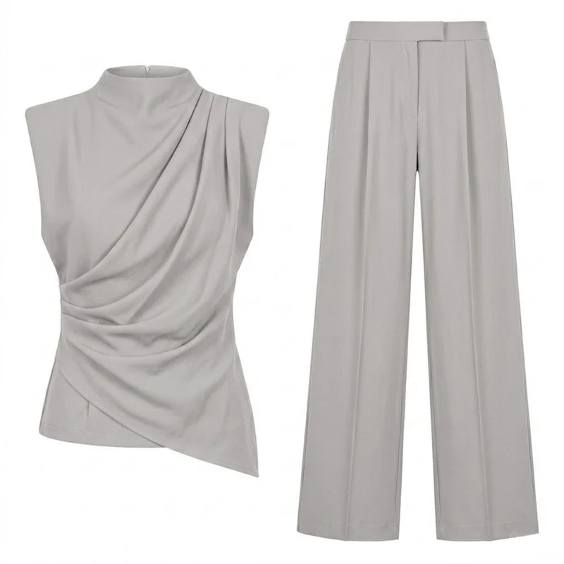 Ensemble Deux Pièces Femme avec Top Sans Manches Drapé et Pantalon Large Fluide