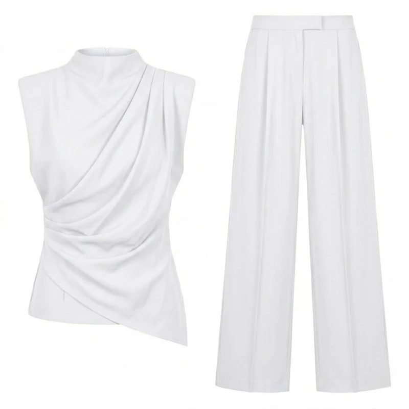 Ensemble Deux Pièces Femme avec Top Sans Manches Drapé et Pantalon Large Fluide