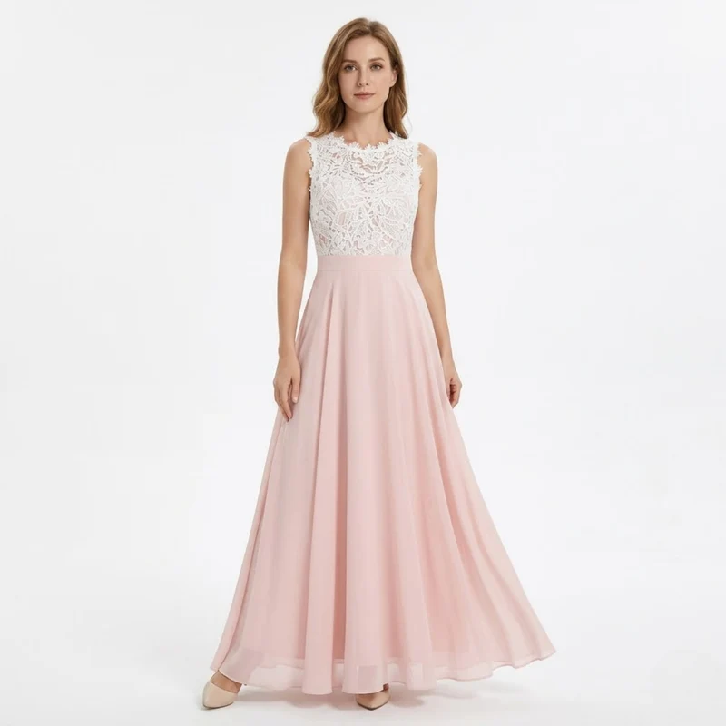Robe Longue de Soirée Sans Manches en Dentelle et Mousseline avec Bustier Crocheté
