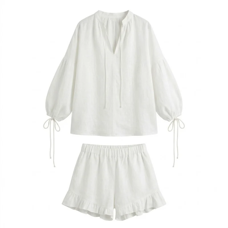 Ensemble Deux Pièces Femme avec Blouse à Manches Longues et Short à Volants