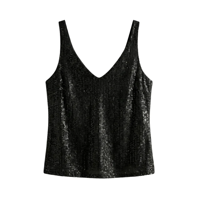Débardeur à Paillettes avec Col en V et Sans Manches pour Femme