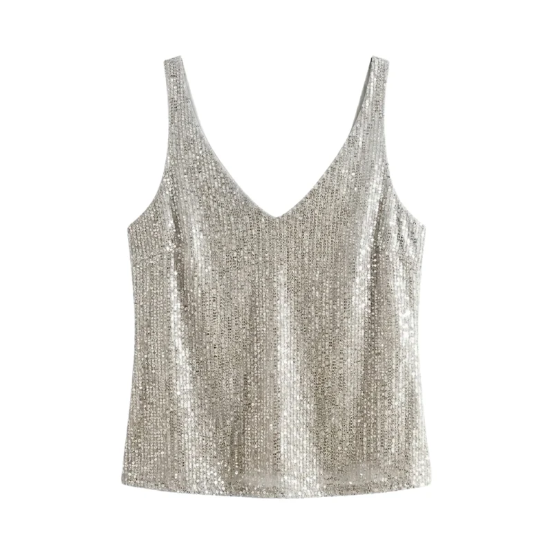 Débardeur à Paillettes avec Col en V et Sans Manches pour Femme