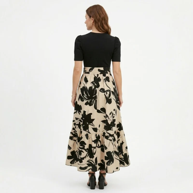 Robe Longue Trapèze à Imprimé Floral avec Ceinture et Manches Bouffantes