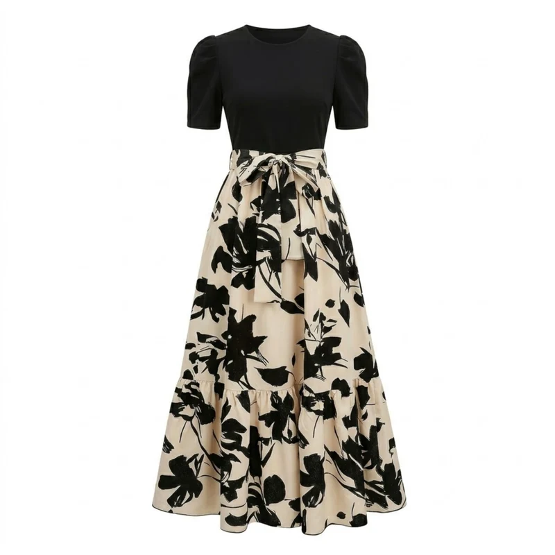 Robe Longue Trapèze à Imprimé Floral avec Ceinture et Manches Bouffantes