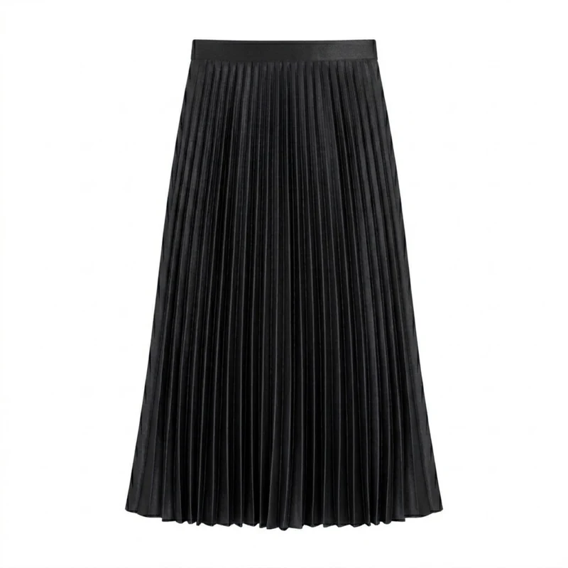 Jupe Longue Plissée Satinée à Taille Haute Élastique pour Femme