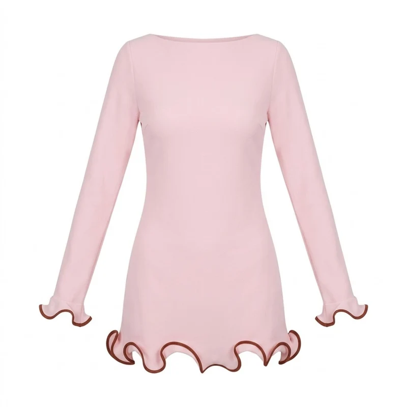 Robe Courte Moulante à Manches Longues avec Ourlet à Volants Contrastés