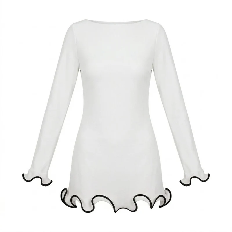 Robe Courte Moulante à Manches Longues avec Ourlet à Volants Contrastés