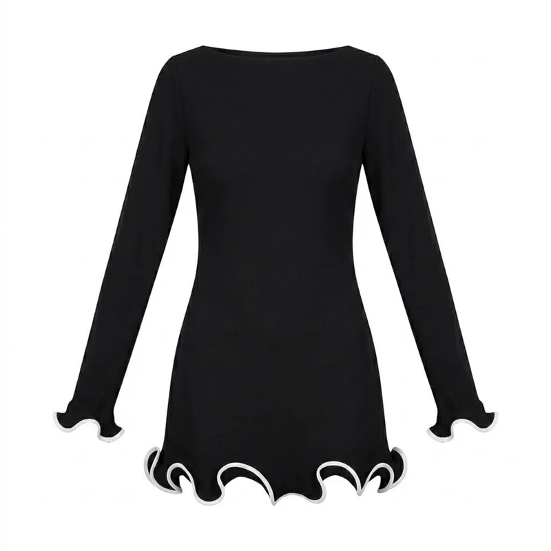 Robe Courte Moulante à Manches Longues avec Ourlet à Volants Contrastés