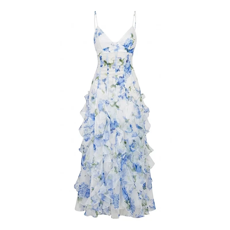 Robe Longue Fleurie à Volants avec Bustier Corset et Fines Bretelles