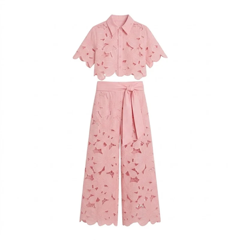 Ensemble Deux Pièces Femme avec Haut Court en Dentelle et Pantalon Large