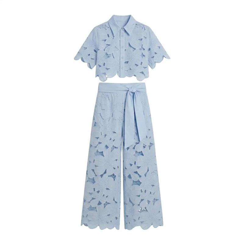 Ensemble Deux Pièces Femme avec Haut Court en Dentelle et Pantalon Large